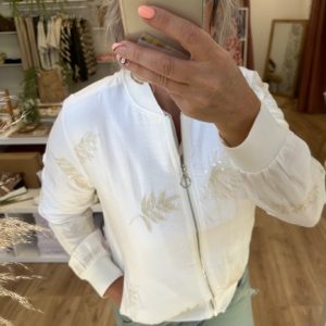 Bomber blanc brodé feuilles dorées