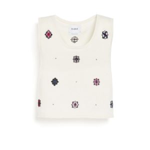 Top court en cachemire et coton à motif fleuri