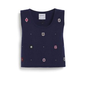 Top court en cachemire et coton à motif fleuri