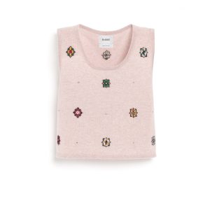 Top court en cachemire et coton à motif fleuri