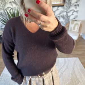 Pull marron col v femme