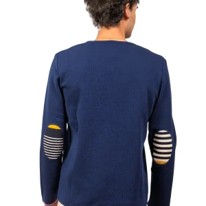 Pull homme col V - Bleu royal uni - Rayures asymétrique Marine/Jaune