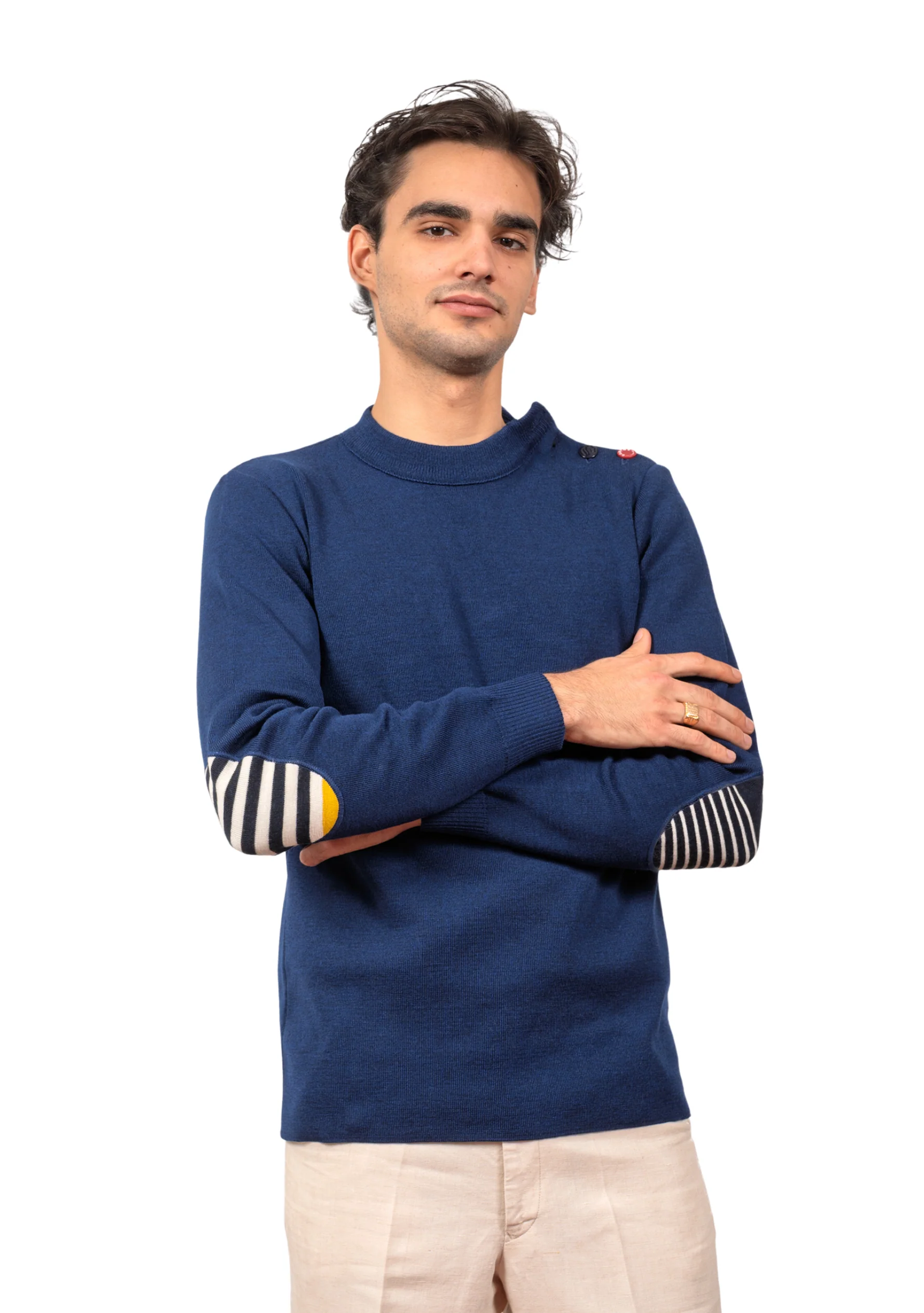Pull marin homme en laine vierge - Bleu royal - Rayures asymétriques marine/jaune – Image 3