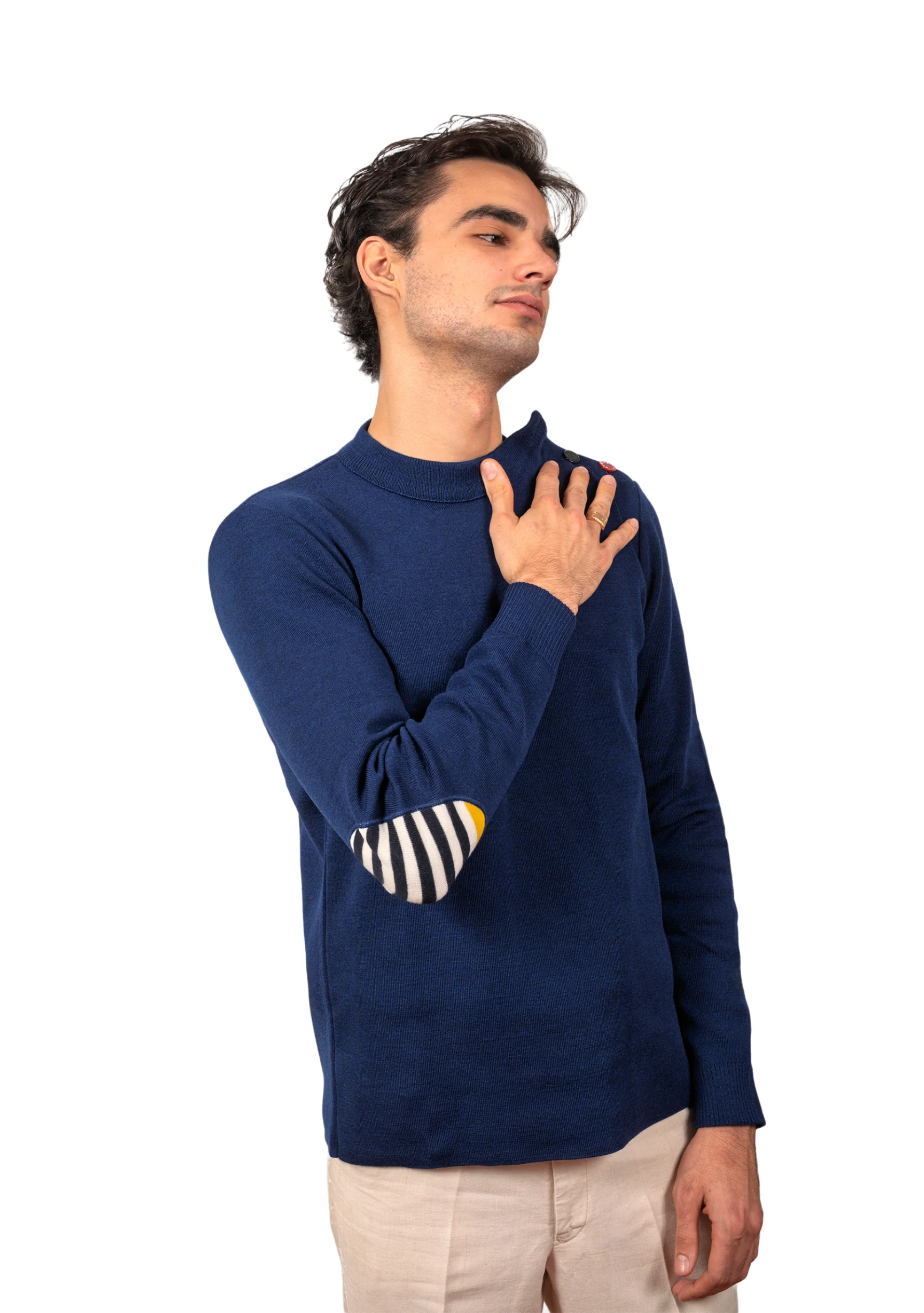 Pull marin homme en laine vierge - Bleu royal - Rayures asymétriques marine/jaune – Image 4