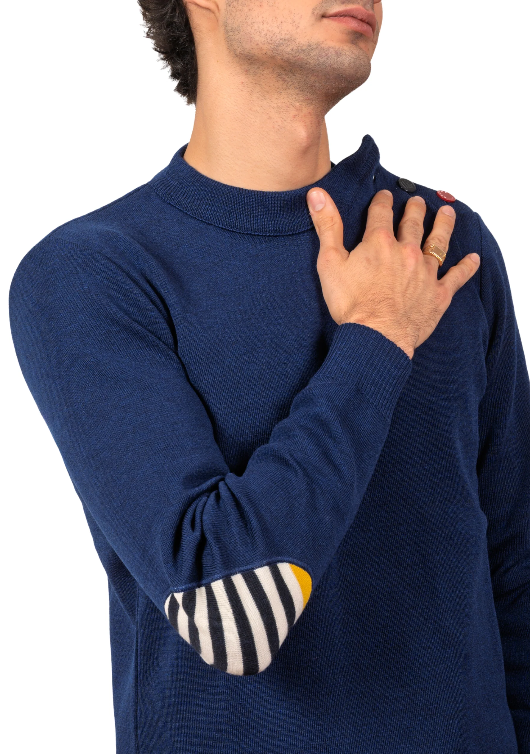 Pull marin homme en laine vierge - Bleu royal - Rayures asymétriques marine/jaune – Image 5