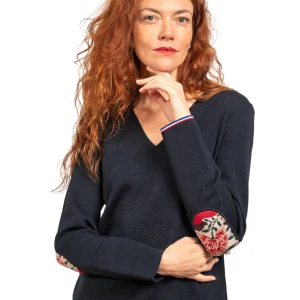 Pull femme en laine mérinos à col V - Marine - Pivoines