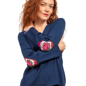 Pull femme en laine mérinos à col V - Bleu royal - Fleurs de rose