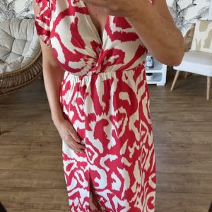 Robe longue fluide imprimée terracotta et blanche