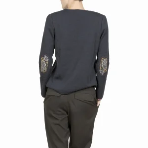 Pull col V femme mérinos bleu marine algue