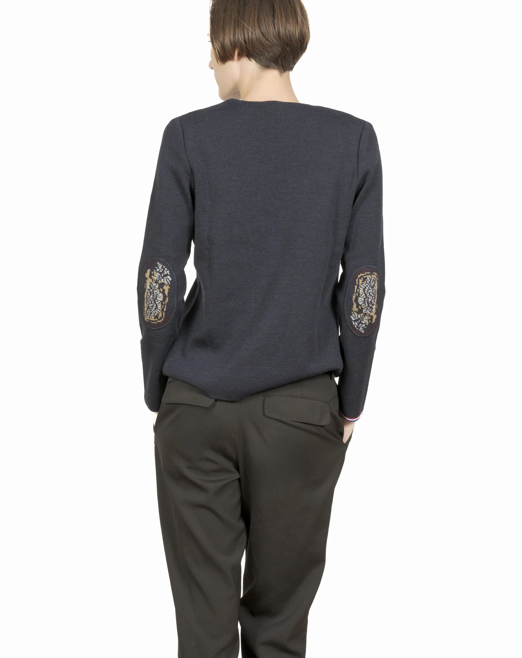 Pull col V femme mérinos bleu marine algue