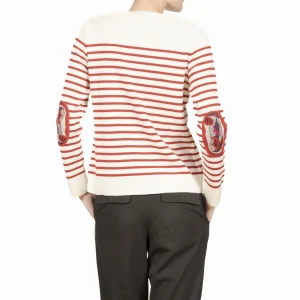 Pull col V Femme Coquelicot - Écru rayé rouge - Laine mérinos - Made in France