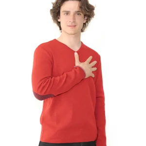 Pull col V homme mérinos rouge rayures asymétriques bleu marine