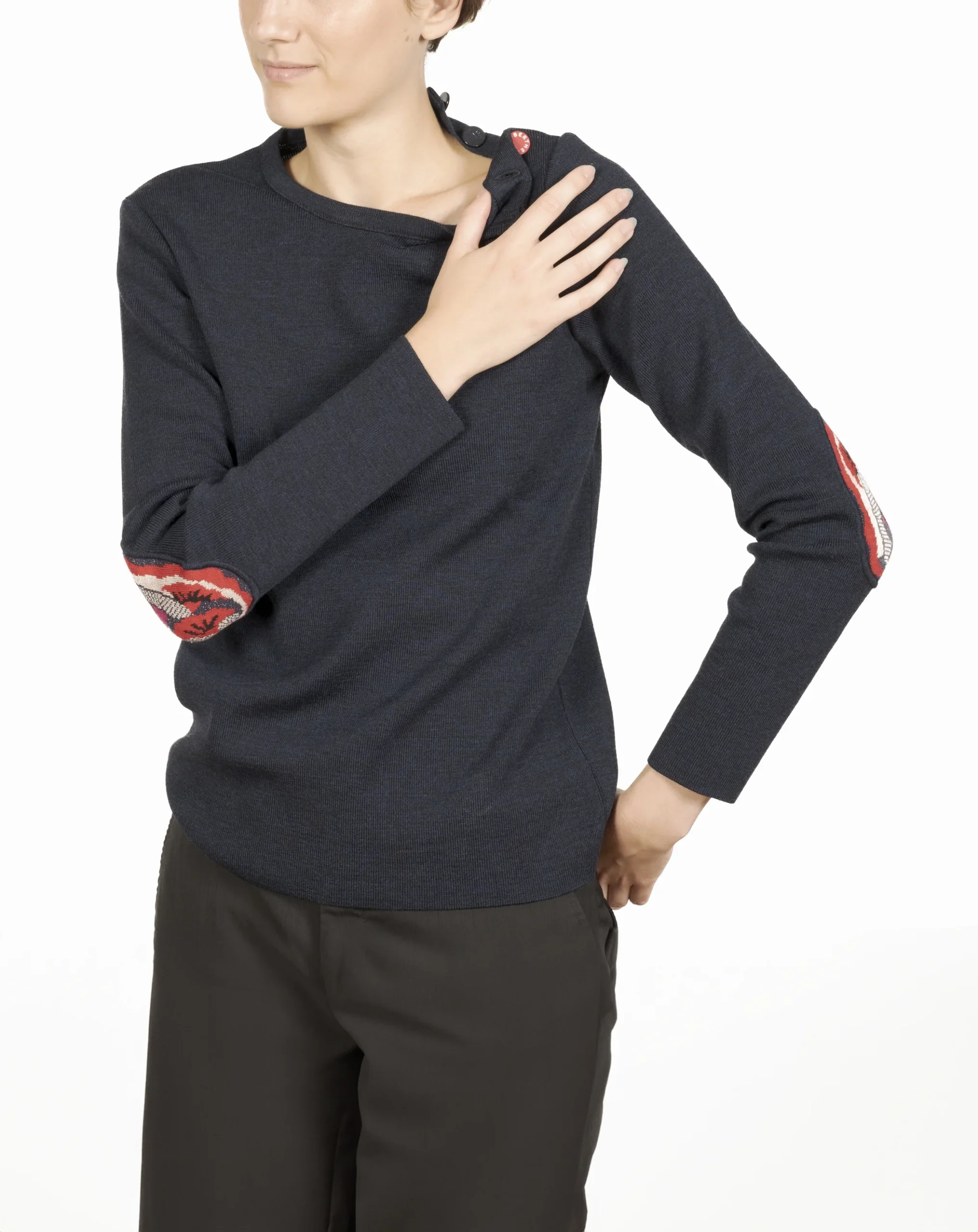 Pull marin femme mérinos bleu marine coquelicot – Image 2