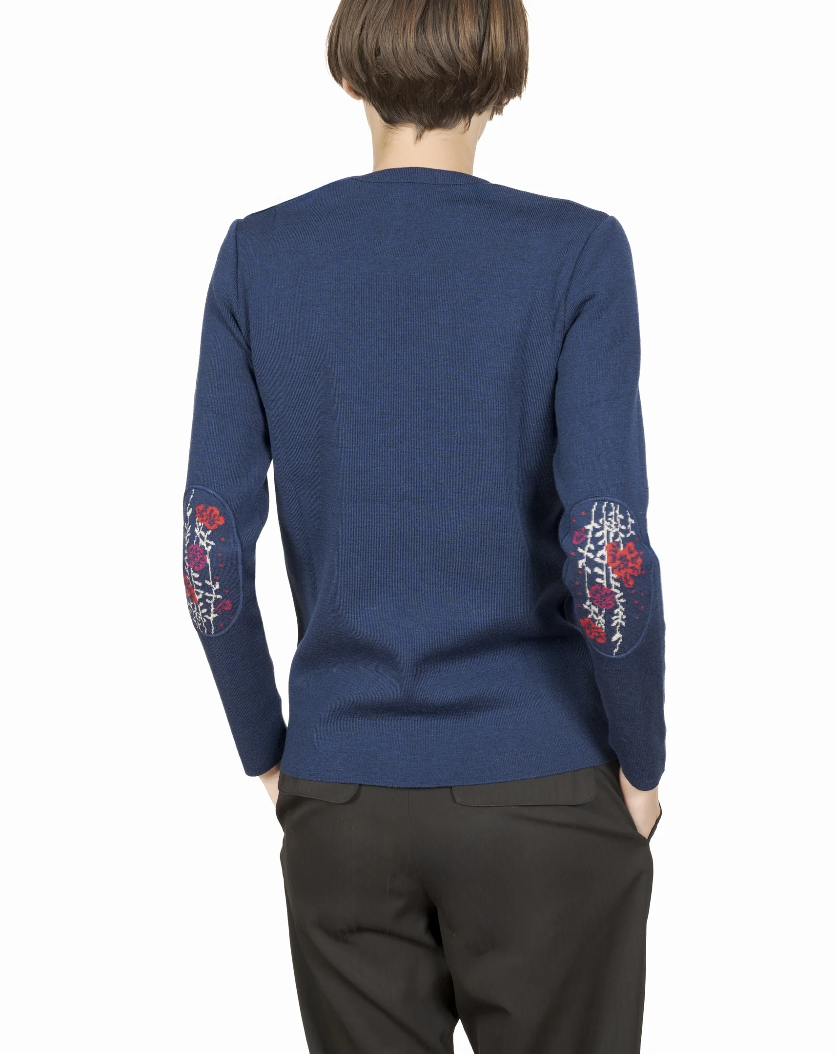 Pull marin femme mérinos bleu royal fleurs d'automne