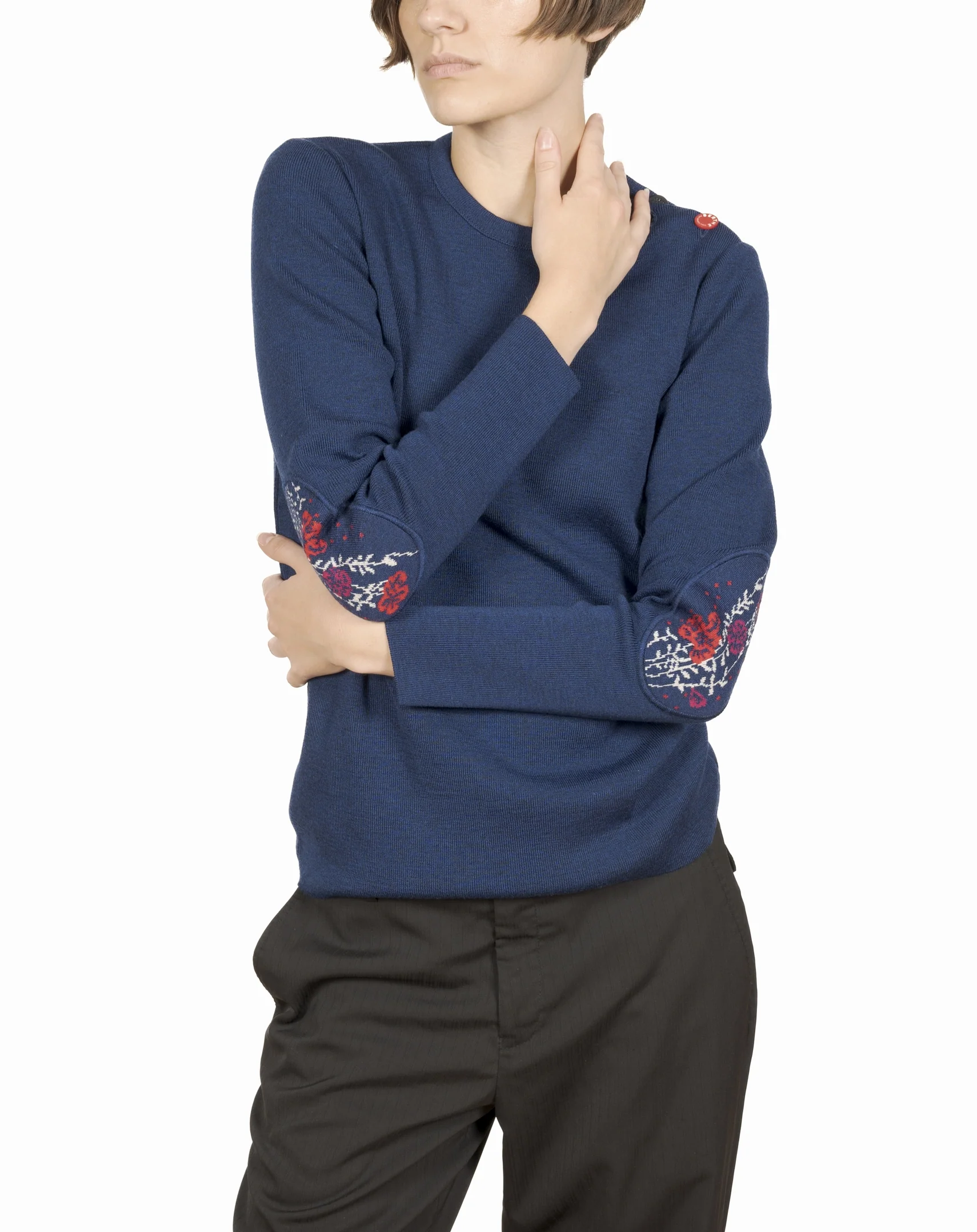 Pull marin femme mérinos bleu royal fleurs d'automne – Image 2