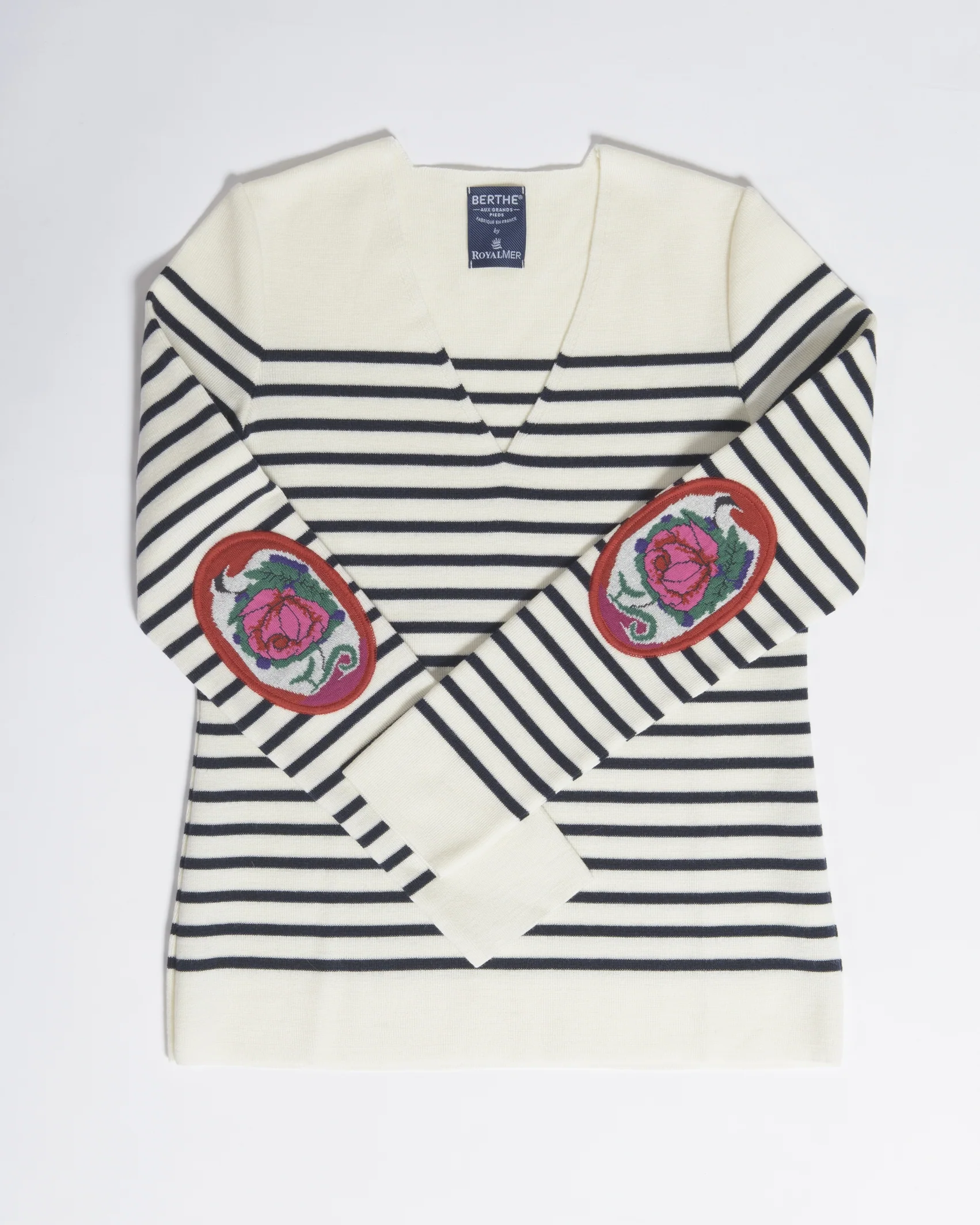 Pull marin Femme Rayé Roses col V