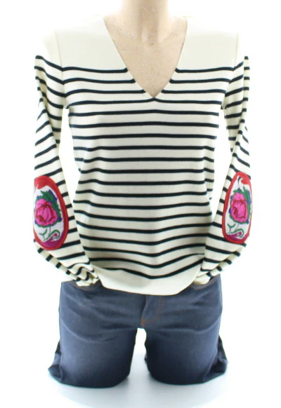 Pull marin Femme Rayé Roses col V – Image 2