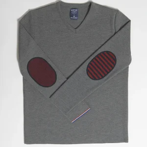 Pull marin Homme Coudières Asymétriques Rayées col V gris