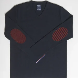 Pull marin Homme Coudières Asymétriques Rayées col V marine