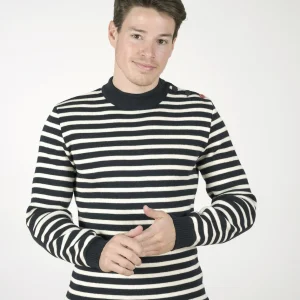 Pull marin homme à coudières Homard - Rayé écru et marine - Laine vierge - Made in France