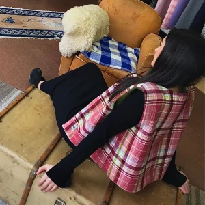 Gilet de berger reversible carreaux rose laine bouillie vert