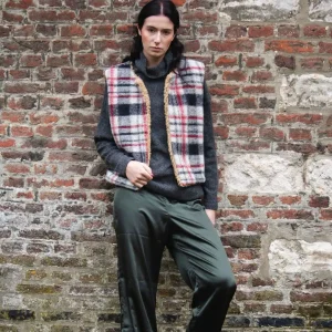 Gilet de berger reversible carreaux gris faux mouton