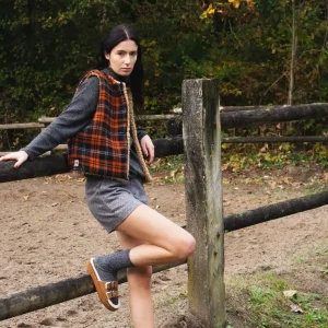 Gilet de berger reversible carreaux orange faux mouton