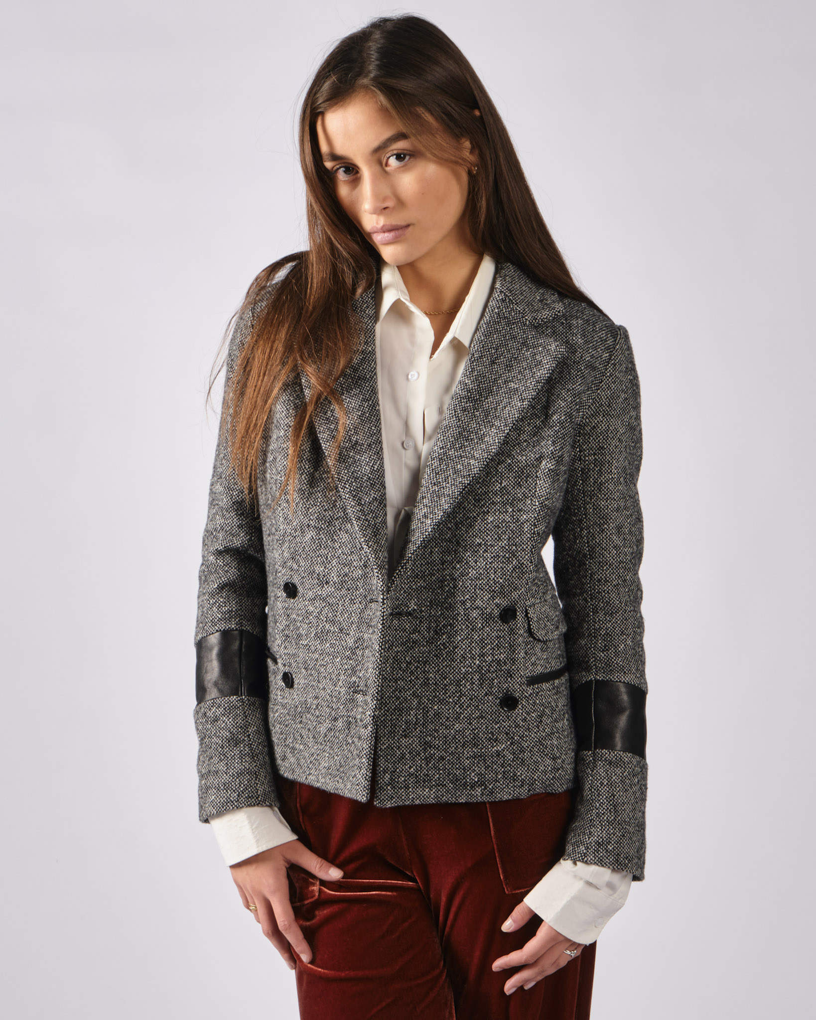Veste tailleur tweed et cuir